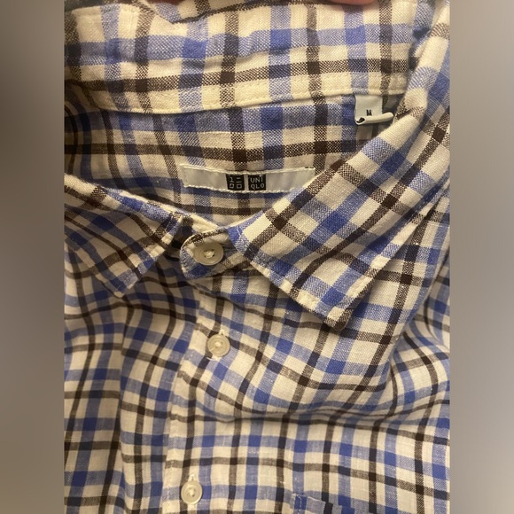 Uniqlo linen Button Down Black & Blue Plaid Medium - Picture 3 of 5